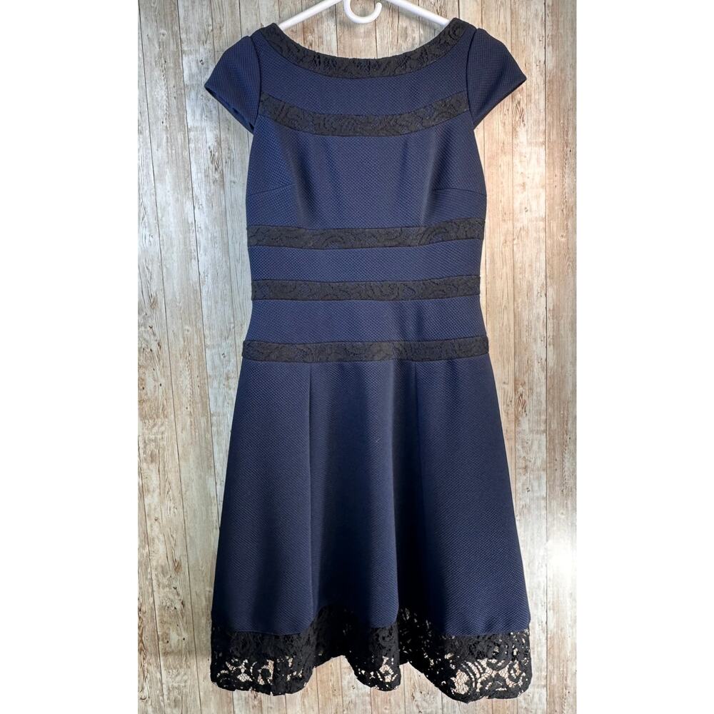 Adrianna Papell Midi Dress 4 Navy Blue Black Lace Trim Cap Sleeves‎ Fit & Flare